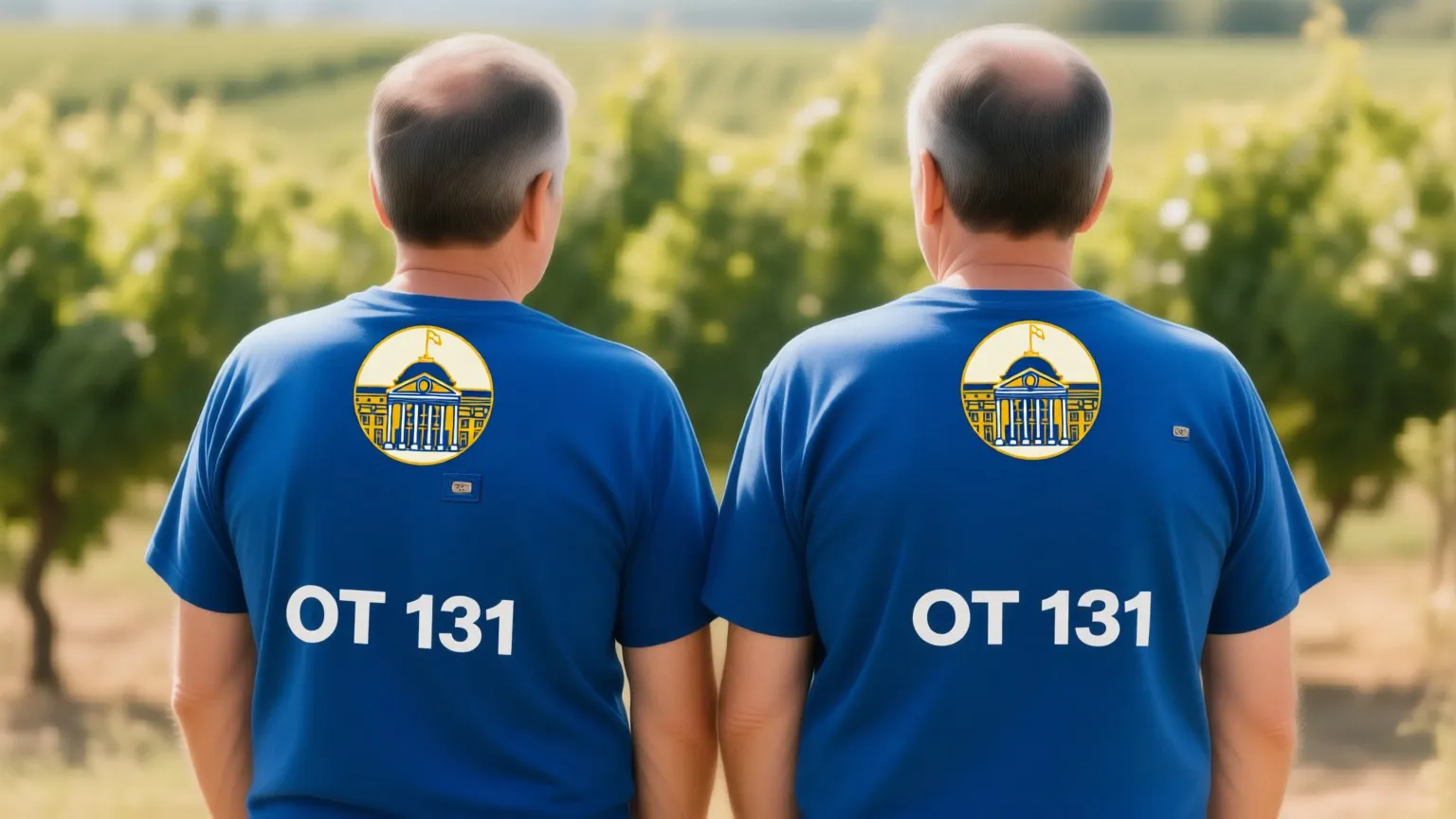 Zwei Old Tabler von hinten mit OT-131-Shirt, Blick über die Weinberge