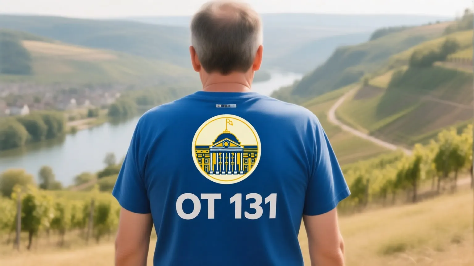 Old Tabler mit OT-131-Shirt blickt über das Rheintal mit Weinbergen